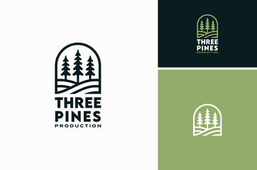 Silhouette of three pines tree similar with evergreen fir conifer spruce cedar larch cypress tree. Forest Landscape classic vintage logo design
