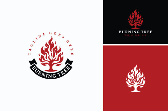 Tree with fire flame and scroll ribbon for classic vintage burning bush plant logo design