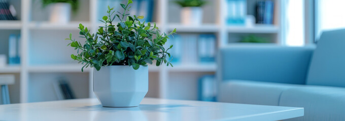 Minimalist office lounge scene with plant and sleek furniture