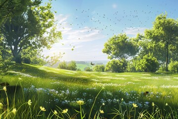 Fototapeta premium Enchanted Meadow: Rainbow and Wildflowers in Spring