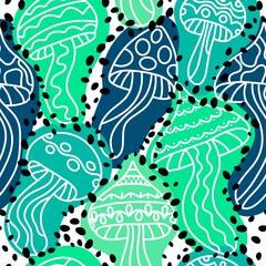 Fototapeta premium Cartoon autumn harvest seamless neon Halloween mushrooms with skulls pattern for wrapping paper and fabrics