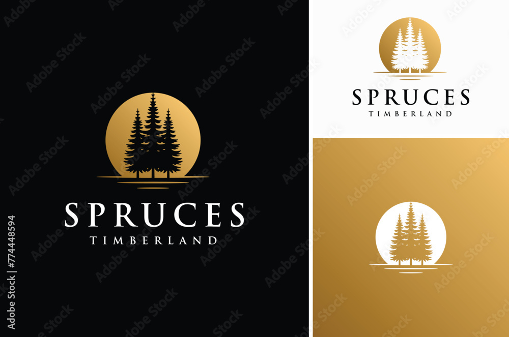 Wall mural silhouette of three pines tree similar with evergreen fir conifer spruce cedar larch cypress tree. g