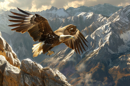 A majestic eagle in flight, wings outstretched against the dramatic backdrop of rugged snowy mountain peaks under a brooding sky