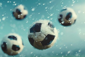 Soccer Balls in a Dazzling Splash of Water Against a Blue Background, Motion Concept