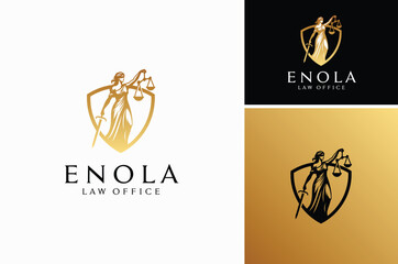 Blindfold woman Themis silhouette with justice scales and sword in defence shield shape for attorney court judicial law office logo design