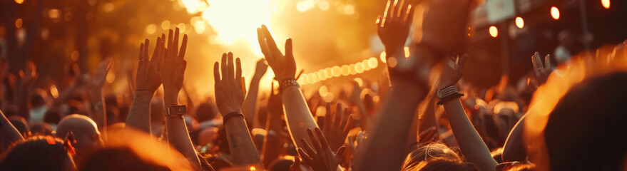 Summer Sunset Concert: Euphoric Crowd with Raised Hands
