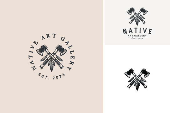 Crossed american native tomahawk indian axes with feathers ornament label vintage logo design