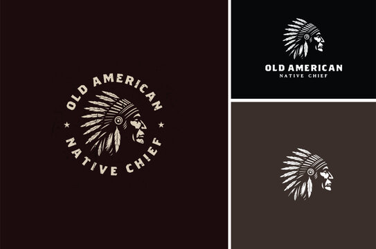 Rustic American Native Old Man wearing headdress, Vintage Indian Tribe Chief Silhouette Illustration Badge Label logo design