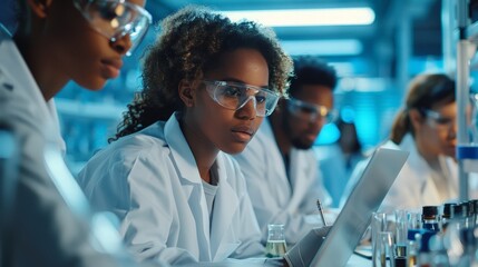 A diverse group of young scientists in lab gear research and share insights over a laptop, Generated by AI - Powered by Adobe