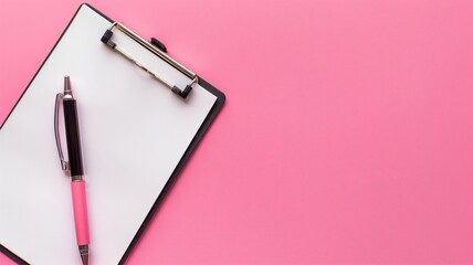 A pink pen lies atop a clipboard with blank paper against background