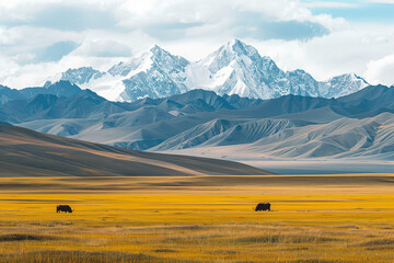 Two rhinos are grazing in a vast, yellow field. AI.