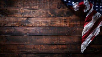Fototapeta premium American flag draped over a dark wooden textured background