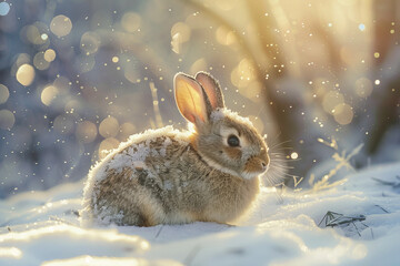 Winter Bunny in Forest: Picturesque Snowy Woodland Scene