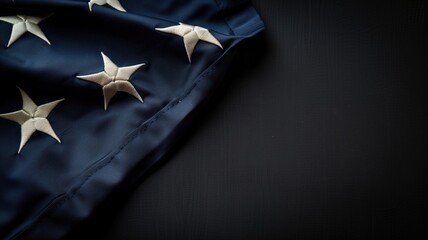 A close-up view of the stars on blue field United States flag, set against a dark background