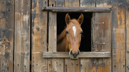 A chestnut horse with a white blaze peeking out from square barn window framed by wooden wall