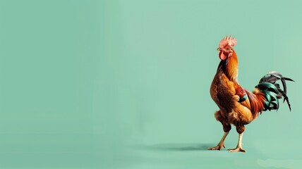 A vibrant rooster stands confidently on a solid turquoise background - obrazy, fototapety, plakaty