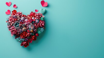A heart-shaped arrangement of various objects with a love theme on teal background
