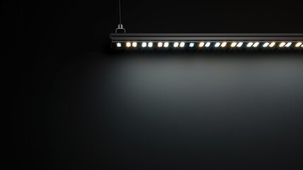 A modern LED strip light hanging against a dark background, casting bright, focused glow on smooth surface - obrazy, fototapety, plakaty