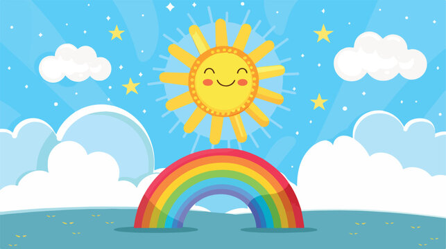 Illustration of a rainbow beside the sun flat carto