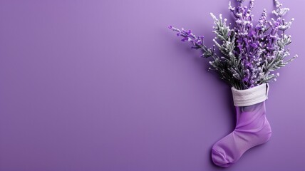 Lavender flowers bundled in a purple sock against violet backdrop