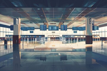 An empty airport terminal with multiple signs hanging from the ceiling, creating a stark and desolate atmosphere. Generative AI - obrazy, fototapety, plakaty