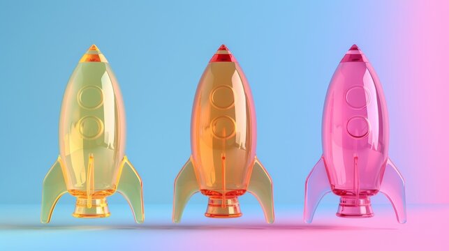 Three colorful plastic rockets are displayed on a pink and blue background, AI