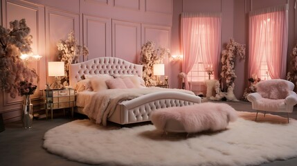 Elegance in Every Detail: Captivating Hollywood Regency Influence Infuses Romantic Essence into the Master Bedroom, Creating a Timeless Sanctuary of Style and Grace - obrazy, fototapety, plakaty
