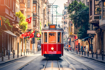 Vintage red tram rolling through a quiet, sunlit street lined with vibrant buildings and national flags fluttering, capturing the essence of urban nostalgia - obrazy, fototapety, plakaty