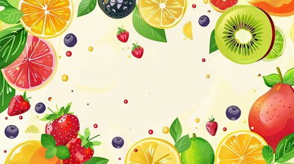 Fresh fruit mix background with copy space. Summertime. Ecologic