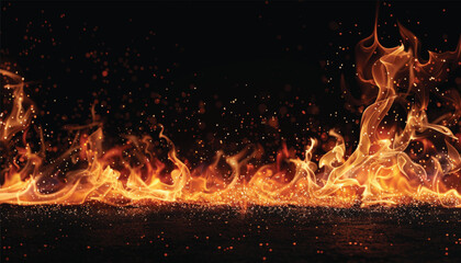 Fototapeta na wymiar Burning sparks flying. Beautiful flames. Detail of fire sparks isolated on a black background. Fire flames on black background