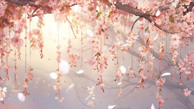 Illustration of hanging garlands of cherry blossoms, romantic style, spring background