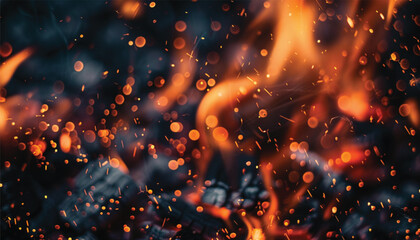 Burning sparks flying. Beautiful flames. Detail of fire sparks isolated on a black background. Fire flames on black background - obrazy, fototapety, plakaty