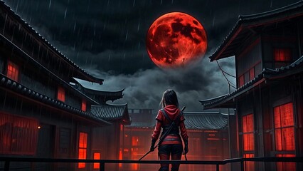 Portrait of a beautiful Asian ninja girl against the backdrop of a night city. Japan. Anime, the people of Thailand, the style of the devil in red clothes.