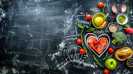 Heart-shaped healthy foods with a heart rate drawing on a chalkboard, showing a health idea. - obrazy, fototapety, plakaty