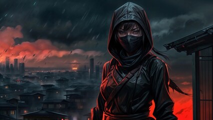 Portrait of a beautiful Asian ninja girl against the backdrop of a night city. Japan. Anime, the people of Thailand, the style of the devil in red clothes.