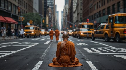 A monk sits on a road in New York. There are people walking around and cars driving. - obrazy, fototapety, plakaty