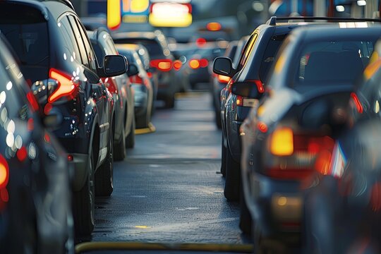 Numerous cars are parked on the street, forming long lines as people wait at gas stations. Generative AI