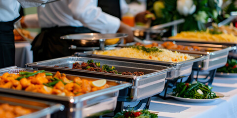 Celestial Buffet Delight: Long Table Filled with Heavenly Chafing Dishes