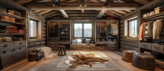 Cozy Rustic Dressing Room in Log Cabin with Exposed Wooden Beams and Animal Hide Rugs - obrazy, fototapety, plakaty