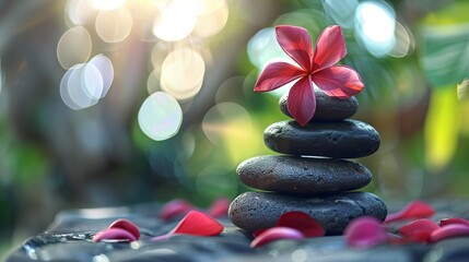 Obraz na płótnie Canvas Holistic health concept of zen stones with deep red plumeria flower on blurred background. Text body mind soul. --ar 16:9 Job ID: ba306995-31a6-44ef-a376-89ad4858aa96