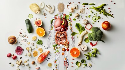 A collage showing human organs and healthy foods on a white background. It's like a menu for a healthy body. There's space to add more information.
