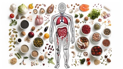 A collage showing human organs and healthy foods on a white background. It's like a menu for a healthy body. There's space to add more information.