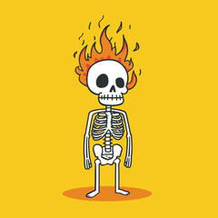 A fiery skeleton on an orange background