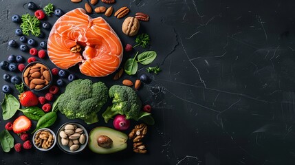 A chalk drawing of a brain with foods like salmon, veggies, nuts, and berries around it on a black background. These foods help the brain work better. There's space for text at the top.