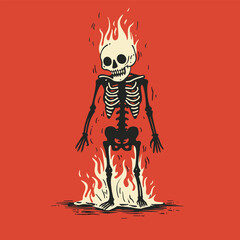 A fiery skeleton on an orange background