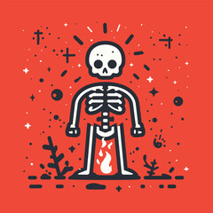 A fiery skeleton on an orange background