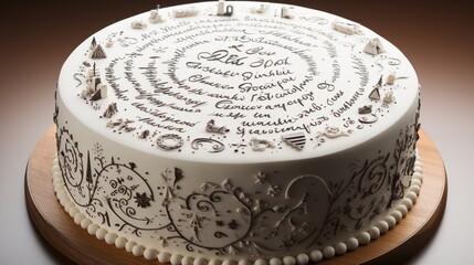 Cake with a personalized inscription piped in frosting along the base, listing the birthday person's accomplishments.