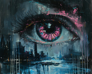 oil painting of an eye with pink eyelashes, in the background there is dark cityscape and river,...