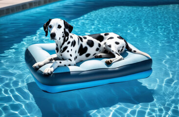 Dalmatian on an air mattress in the pool