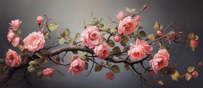 A beautiful artwork depicting a delicate branch adorned with lovely pink roses set against a subtle gray backdrop